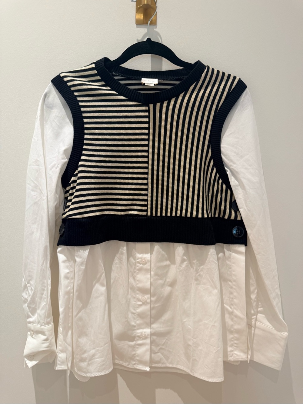 Maeve Black & Cream Striped Layered Knit Vest Shirt Twofer!